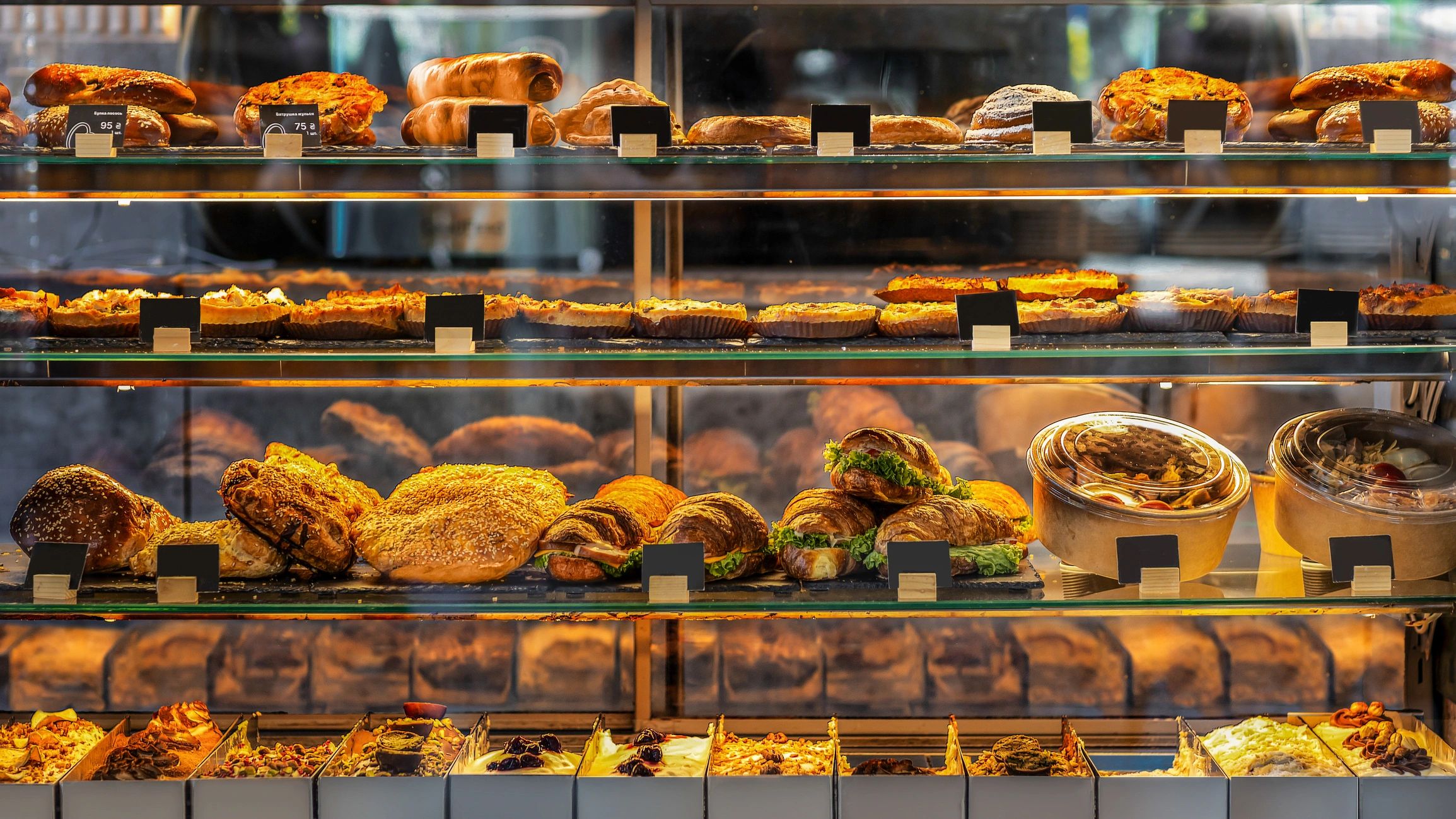 Bakery display with cakes and pastries