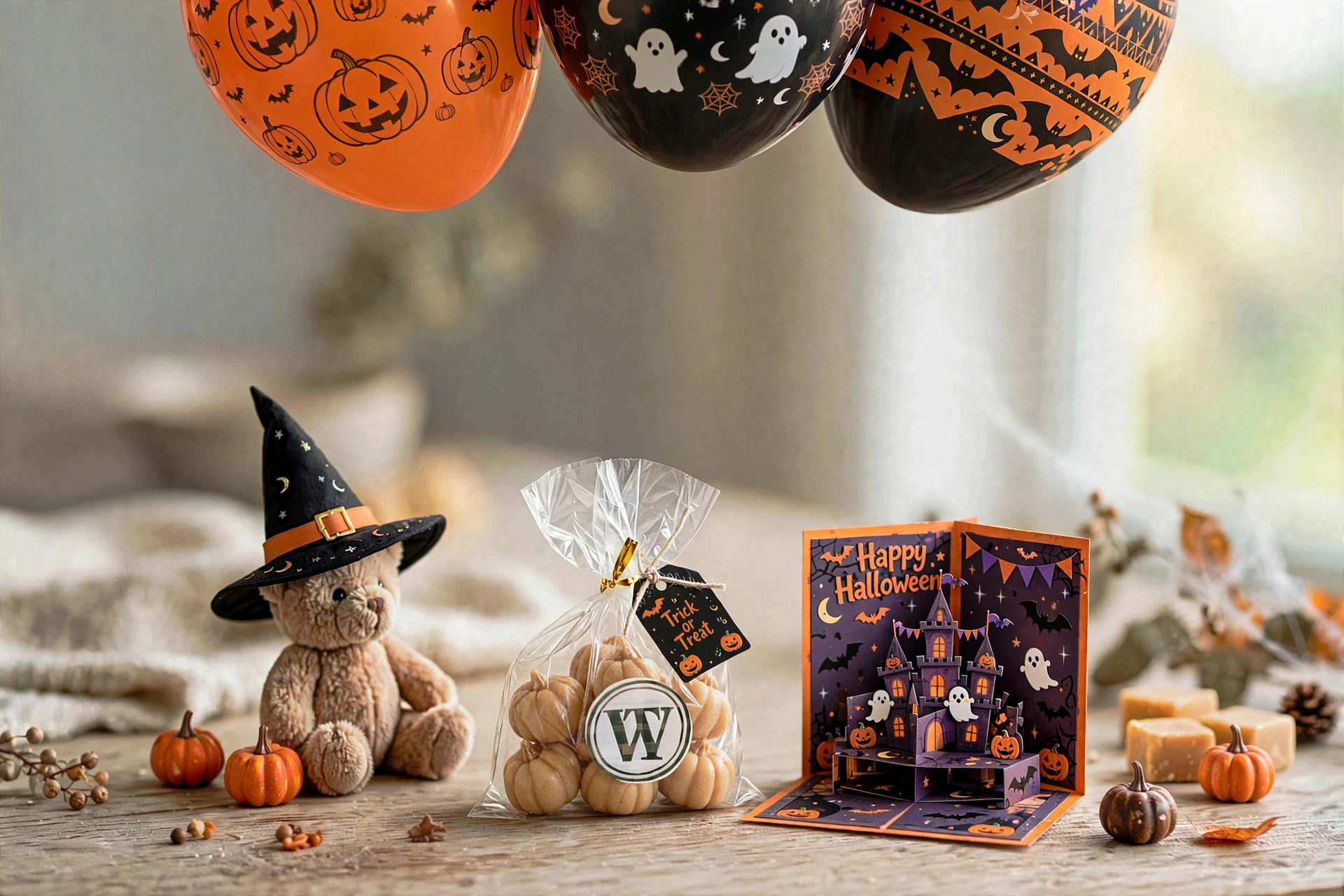 Halloween party styling display with themed gift box, pumpkin treats, mini pumpkins, and balloons