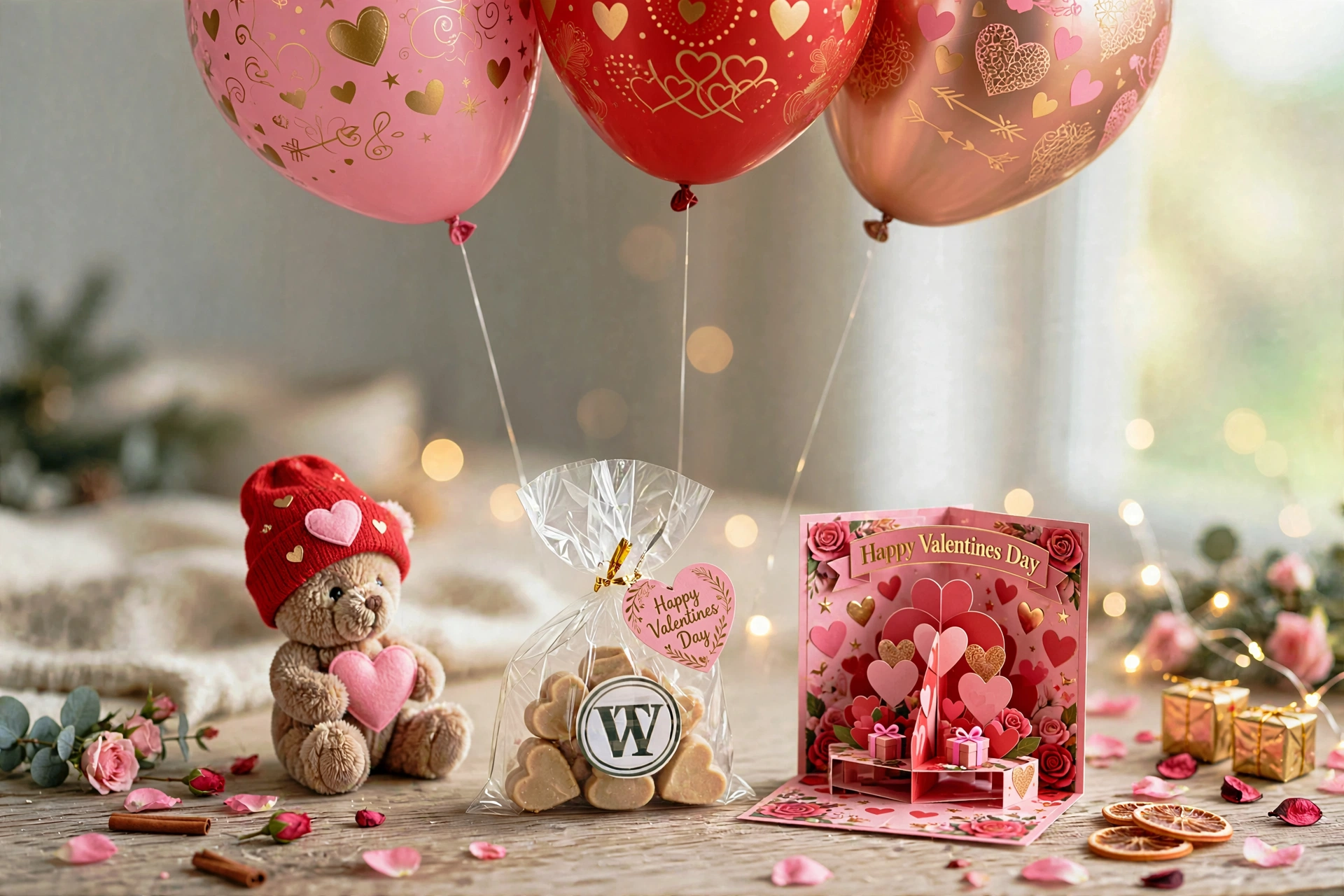 Valentine’s Day party styling display with heart balloons, teddy bear, wrapped cookies, and Valentine card