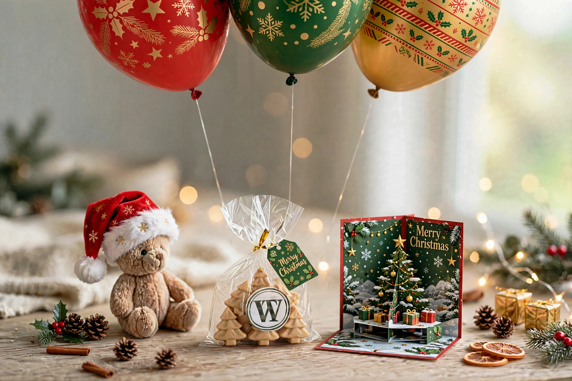 Festive Christmas party styling display with holiday balloons, gift treats, teddy bear in a Santa hat, and Merry Christmas card