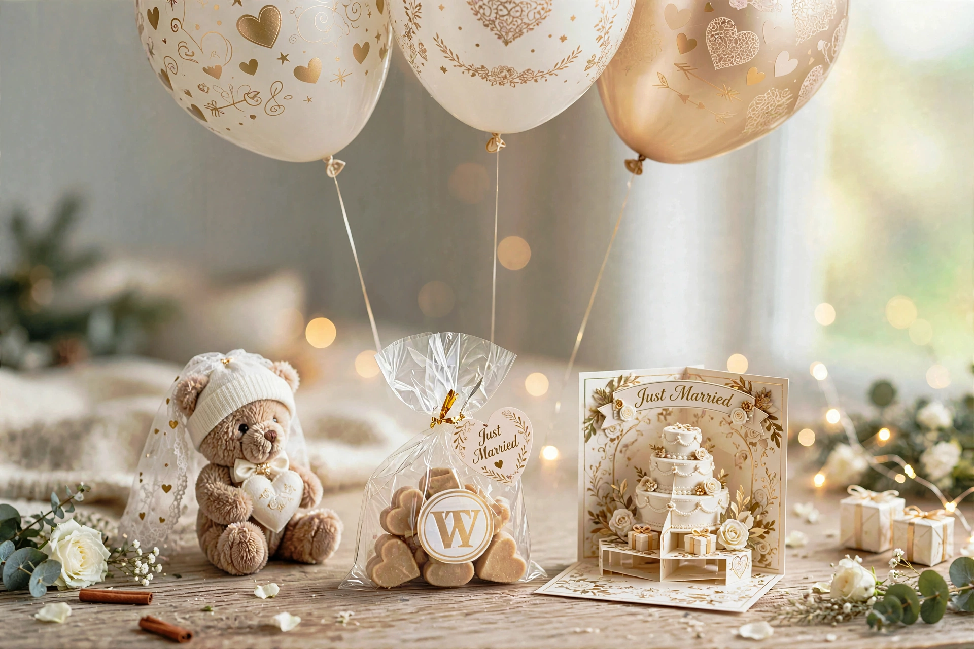 Wedding display with balloons, teddy bear, sweet treats, and a Just Married card
