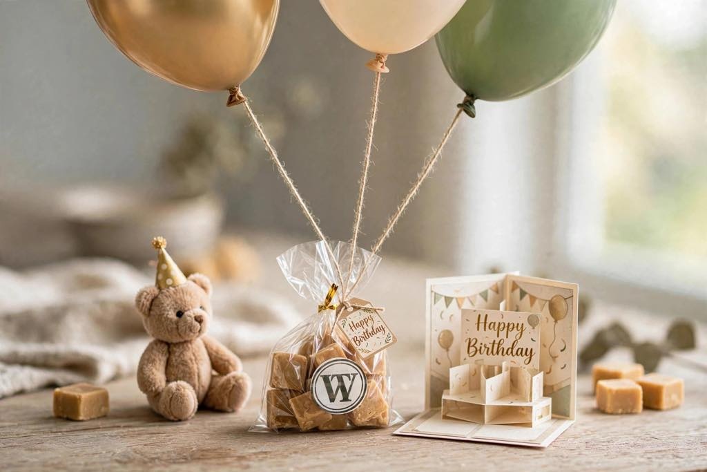 Birthday-themed tablet gift with balloons, teddy bear, and birthday card